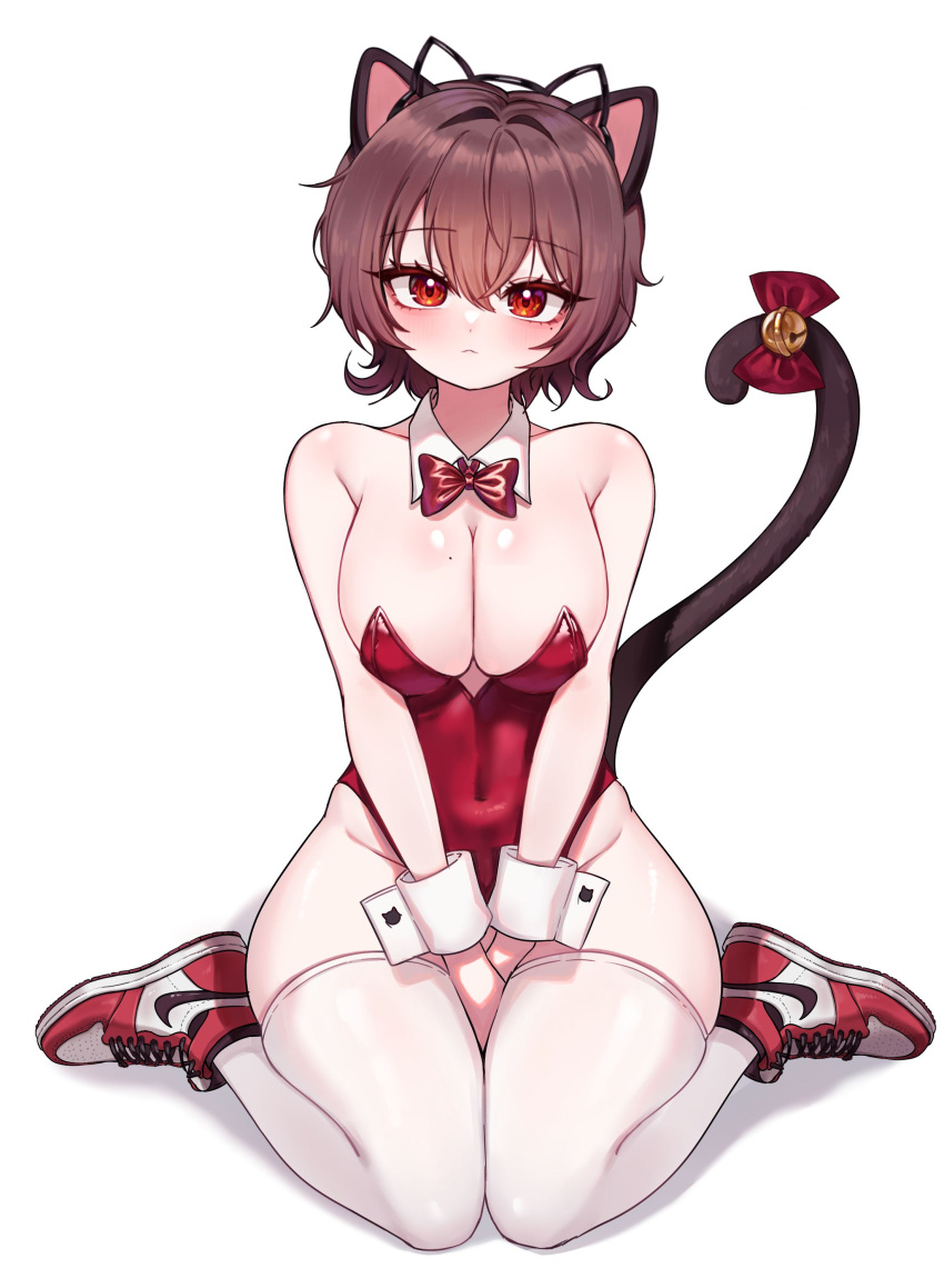 1girl :&lt; absurdres air_jordan air_jordan_1 animal_ear_hairband animal_ears armpit_crease artist_request bare_arms bare_shoulders bell between_legs black_hairband blush bow bowtie breasts brown_hair cat_ear_hairband cat_ears cat_tail cleavage commentary_request covered_navel detached_collar fake_animal_ears full_body groin hair_between_eyes hairband hand_between_legs head_tilt highleg highleg_leotard highres jingle_bell korean_commentary large_breasts leotard looking_at_viewer mole mole_on_breast mole_under_eye nike_(company) original playboy_bunny prunechi red_bow red_bowtie red_eyes red_footwear red_leotard second-party_source shadow shoes short_hair simple_background sitting sneakers solo strapless strapless_leotard tail tail_bell tail_bow tail_ornament thick_thighs thighhighs thighs v_arms wariza white_background white_thighhighs white_wrist_cuffs wing_collar wrist_cuffs