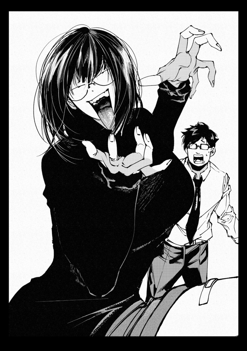 1boy 1girl bandaid_on_thigh breasts claw_pose collared_shirt fingernails glasses greyscale hachinuki_tetsuyo hands_up highres incoming_attack jitome large_breasts long_sleeves looking_at_viewer medium_hair monochrome necktie open_mouth original pants shirt short_hair shorts simple_background smug solo_focus sweat sweater teeth tongue tongue_out turtleneck turtleneck_sweater worried