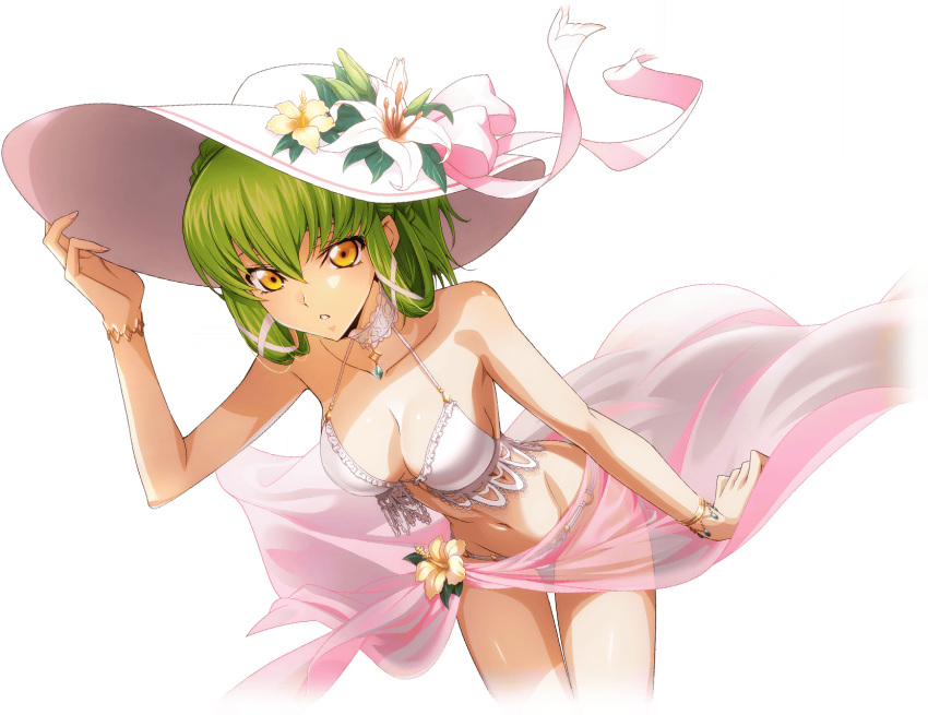 1girl adjusting_clothes adjusting_headwear alpha_transparency arm_up artist_request bikini blue_gemstone bracelet braid breasts c.c. cleavage code_geass code_geass:_lost_stories cropped_legs crown_braid dutch_angle flower game_cg gem gold green_hair groin hair_between_eyes hair_ribbon hair_rings hat hat_flower hat_ribbon highres jewelry lace lace-trimmed_bikini lace_trim leaning_forward lily_(flower) looking_at_viewer medium_breasts navel non-web_source o-ring o-ring_bikini o-ring_bottom official_art parted_lips pink_ribbon pink_sarong ribbon sarong see-through_sarong shiny_skin short_hair sidelocks simple_background solo standing stomach sun_hat swimsuit teeth thighs transparent_background white_hat white_ribbon yellow_eyes yellow_flower