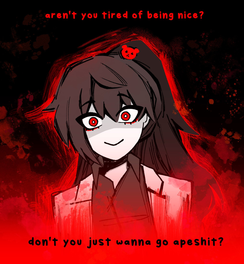 1girl are_you_tired_of_being_nice?_(meme) bear_hair_ornament black_shirt brown_hair carmen_(project_moon) cattenco collared_shirt commentary english_commentary english_text hair_ornament high_ponytail highres lab_coat long_hair looking_at_viewer meme project_moon red_eyes red_theme shirt smile solo