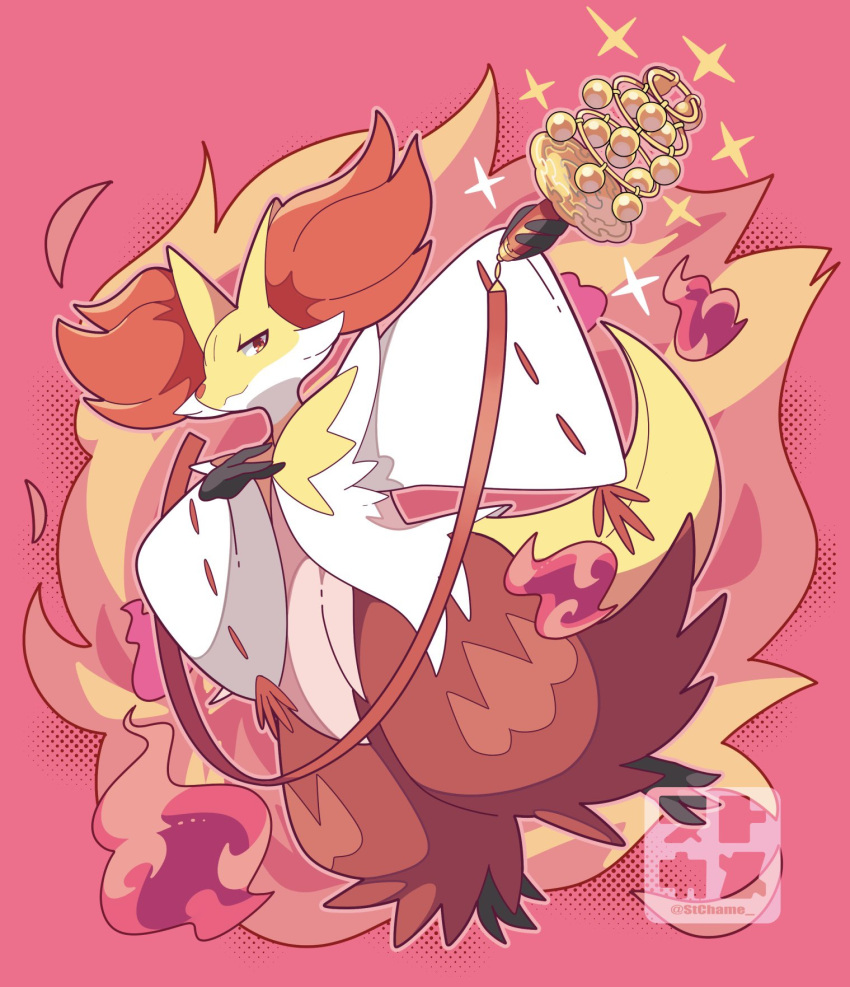 1other animal_ear_fluff brown_fur delphox fox furry highres holding jacket pokemon pokemon_(creature) red_background red_fur red_theme solo sutokame white_jacket wide_sleeves yellow_fur