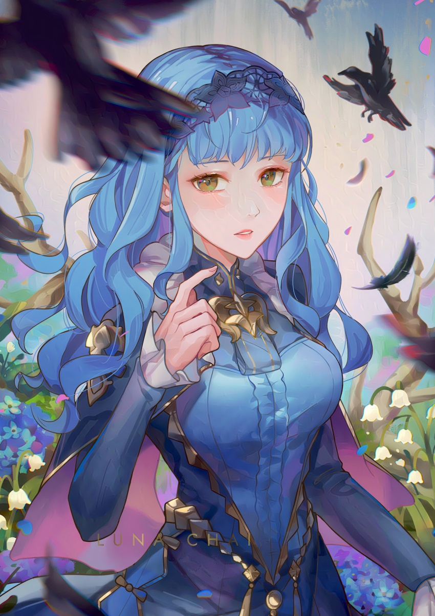 1girl artist_name bird blue_dress blue_hair brown_eyes center_frills dress feathers fire_emblem fire_emblem:_three_houses fire_emblem_warriors:_three_hopes frills hairband highres lunachaili marianne_von_edmund official_alternate_costume official_alternate_hairstyle