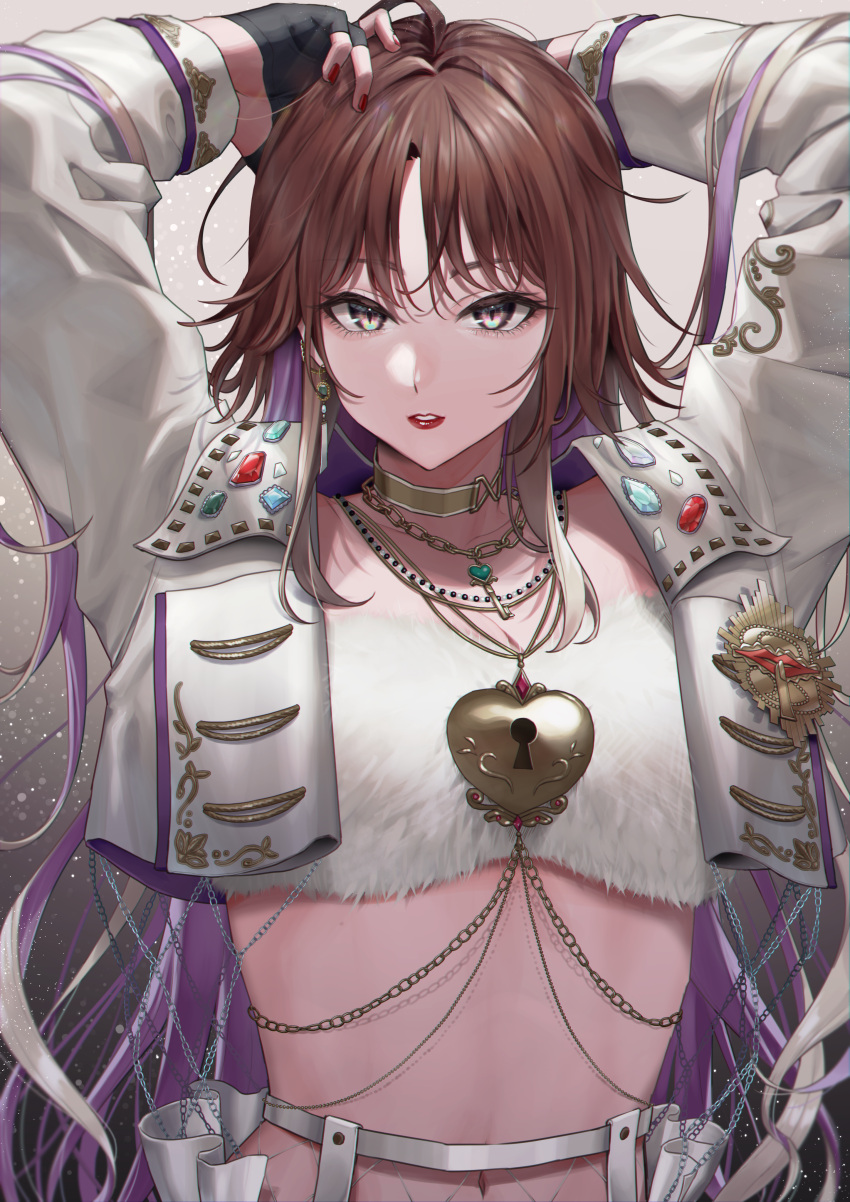 1girl absurdres aketa_mikoto aqua_eyes arms_up black_gloves blonde_hair brown_eyes brown_hair chain chain_necklace choker colored_inner_hair crop_top cropped_jacket embroidery fingerless_gloves fur_(clothing) gem gloves gradient_eyes gradient_hair hands_on_own_head highres hourai_ninjin idolmaster idolmaster_shiny_colors jacket jewelry key key_necklace lipstick locket long_hair looking_at_viewer makeup midriff multicolored_eyes multicolored_hair nail_polish navel necklace pendant purple_hair red_lips red_nails solo strapless studs tube_top upper_body white_jacket white_tube_top