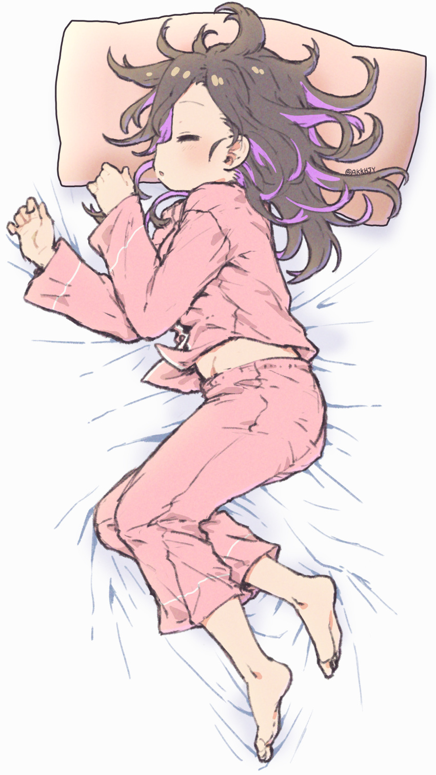 1girl absurdres barefoot bed_sheet black_hair closed_eyes commentary_request feet full_body highres light_blush long_hair long_sleeves lying matado_(almukha) messy_hair midriff_peek multicolored_hair on_bed on_side onii-chan_wa_oshimai! open_mouth oyama_mihari pajamas pants pillow pink_pajamas pink_pants pink_shirt purple_hair shirt sleeping solo streaked_hair toes twitter_username two-tone_hair