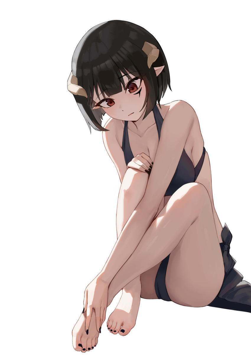 1girl absurdres barefoot bikini black_bikini black_hair black_sarong breasts cleavage demon_girl demon_horns facial_tattoo feet frown full_body hair_between_eyes hand_on_own_foot highres hime-sama_"goumon"_no_jikan_desu horns knees_up large_breasts legs light_blush lips liwen520 looking_down nail_polish pointy_ears red_eyes sarong short_hair simple_background sitting solo swimsuit tattoo toenail_polish toenails toes torture_tortura white_background