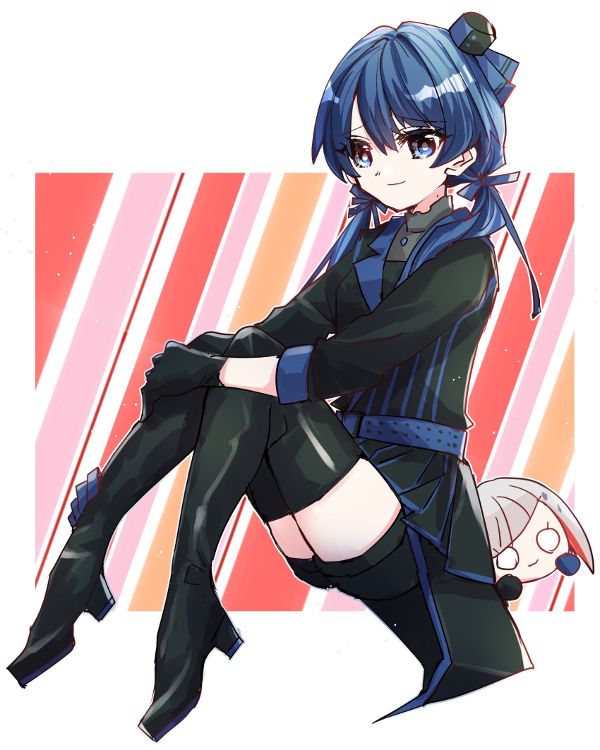 1girl asymmetrical_gloves awoke_(love_live!) black_gloves black_hat black_jacket black_shorts blue_eyes blue_gloves blue_hair blue_hat blue_ribbon boots border character_doll commentary dark_blue_hair gloves hair_ribbon hands_on_own_leg hat highres invisible_chair jacket kanduki_kamibukuro knees_up link!_like!_love_live! long_hair long_sleeves looking_at_viewer love_live! low_twintails mini_hat mismatched_gloves mole mole_on_neck multicolored_background multicolored_clothes multicolored_jacket murano_sayaka nesoberi o_o orange_background overskirt pink_background red_background ribbon shorts sitting smile striped_background striped_clothes striped_jacket thigh_boots tilted_hat twintails two-tone_hat two-tone_jacket vertical-striped_clothes vertical-striped_jacket virtual_youtuber white_background white_border yugiri_tsuzuri