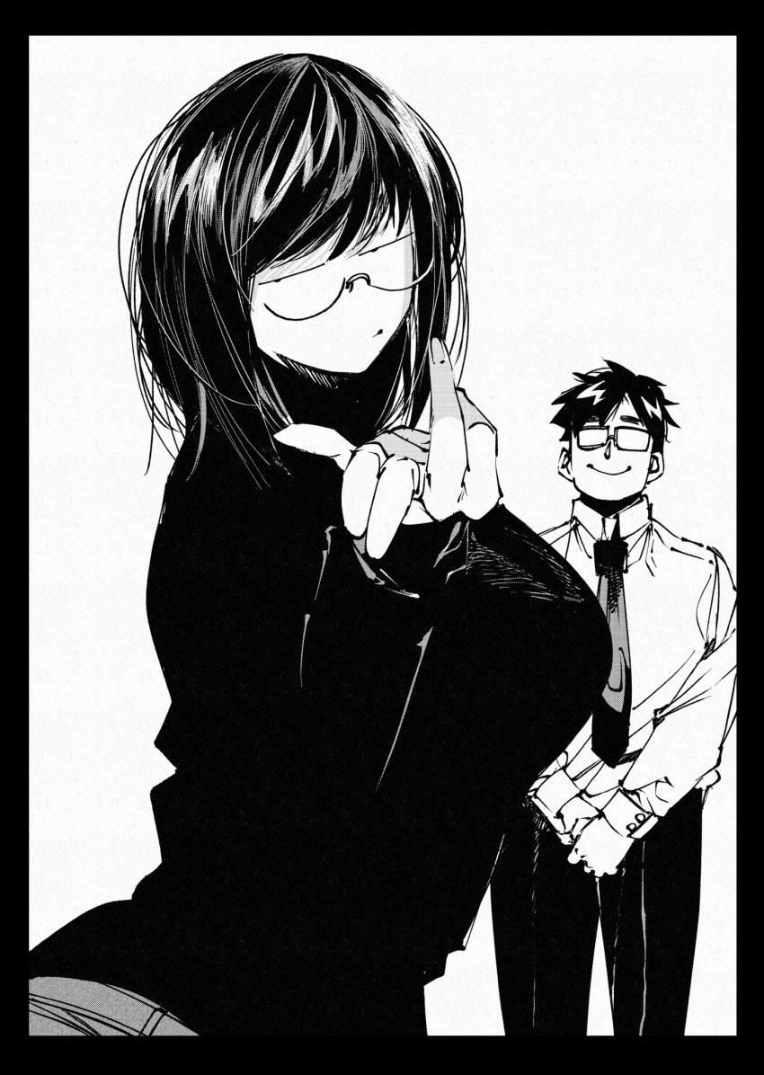 1boy 1girl blowing_kiss breasts collared_shirt facing_viewer fingernails glasses greyscale hachinuki_tetsuyo hand_up highres jitome large_breasts long_sleeves looking_at_viewer looking_to_the_side medium_hair monochrome necktie opaque_glasses original pants shirt short_hair simple_background standing sweater swept_bangs turtleneck turtleneck_sweater