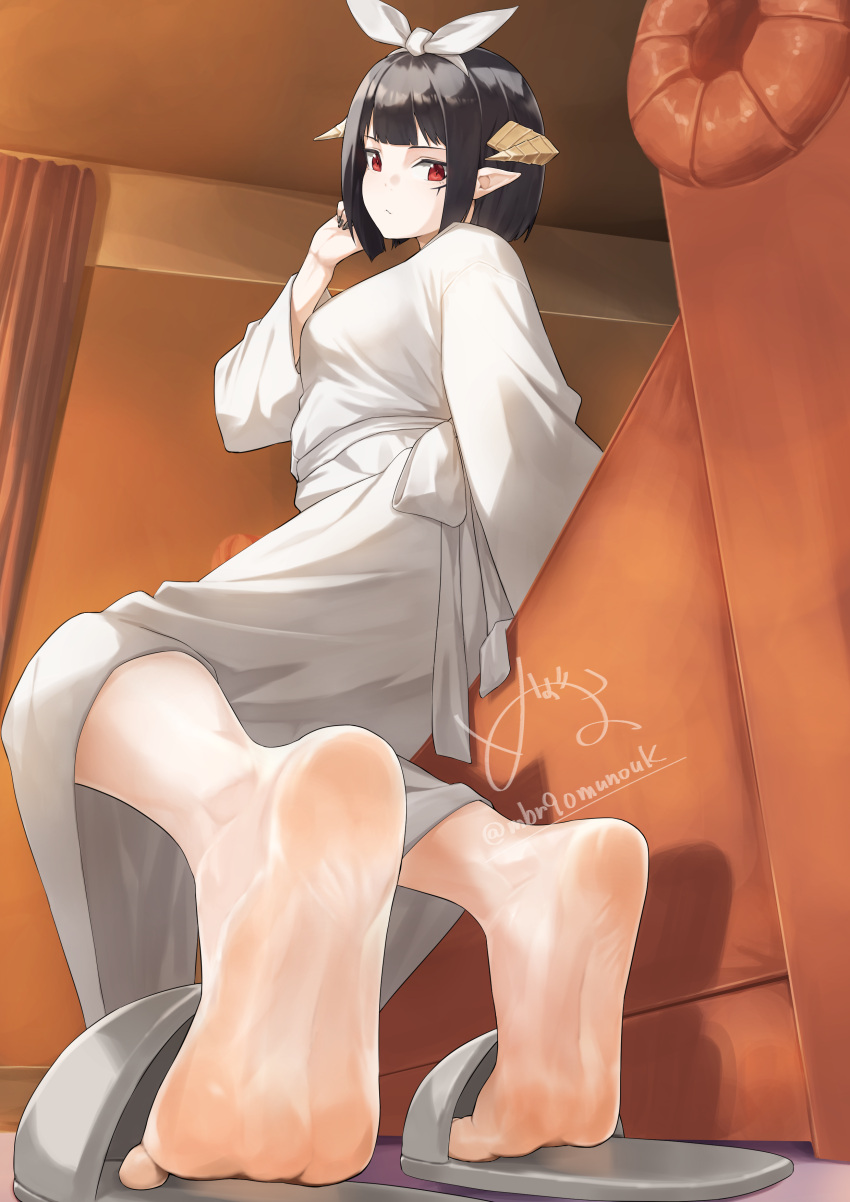 1girl absurdres barefoot bathrobe black_hair blunt_bangs bow breasts character_request closed_mouth feet foot_focus foreshortening full_body grey_footwear hair_bow highres hime-sama_"goumon"_no_jikan_desu horns indoors long_sleeves looking_at_viewer mbr90munouk medium_breasts pointy_ears red_eyes robe shadow short_hair signature sitting slippers soles solo toes twitter_username white_robe