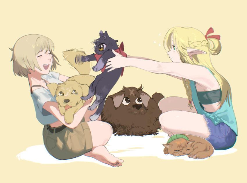 2girls animal animalization annoyed bandeau barefoot belt black_bra black_cat blonde_hair blue_shirt blue_shorts bra bra_strap braid brown_eyes brown_shorts casual cat chilchuck_tims closed_eyes commentary cropped_shirt cutoffs denim denim_shorts dog dungeon_meshi elf english_commentary falin_touden flat_chest flying_sweatdrops folded_hair french_braid green_eyes green_scarf grey_hair half_updo happy highres holding holding_animal indian_style izutsumi laios_touden laughing long_hair looking_at_another marcille_donato midriff motion_blur multiple_braids multiple_girls navel one_eye_closed open_mouth outstretched_arms parted_bangs pointy_ears profile raneblu red_scarf scarf shirt shoe_soles short_hair short_sleeves shorts side_braid sideless_outfit simple_background sitting sleeveless smile strapless strapless_bra t-shirt tongue tongue_out underwear white_shirt yellow_background yellow_eyes