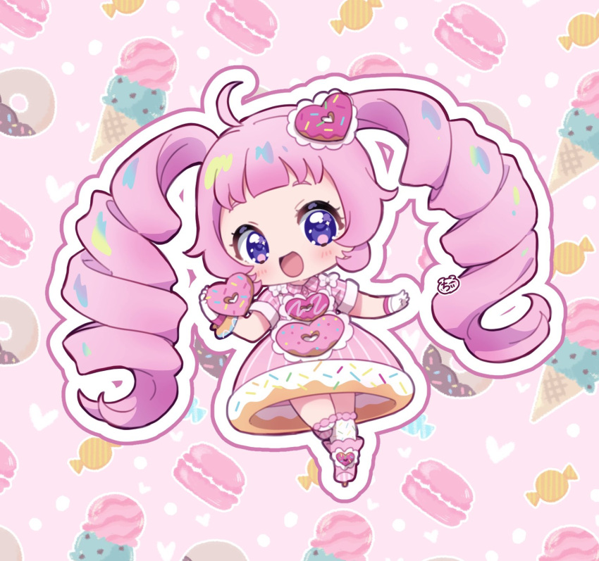 1girl :d ahoge aozora_himari blunt_bangs boots candy chibi chii_(chi_pppuri) commentary_request doughnut doughnut_hair_ornament dress drill_hair food food-themed_clothes food-themed_hair_ornament full_body gloves hair_ornament highres himitsu_no_aipri holding holding_food ice_cream_cone idol_clothes long_hair looking_at_viewer macaron open_mouth outline pink_background pink_dress pink_footwear pink_hair pretty_series purple_eyes short_sleeves signature smile solo standing twintails very_long_hair white_gloves white_outline