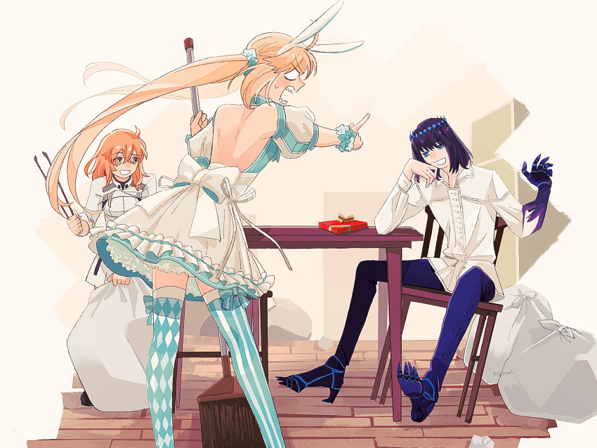 1boy 2girls absurdres ahoge animal_ear_hairband animal_ears argyle_clothes argyle_legwear argyle_thighhighs arthropod_boy artoria_caster_(fate) artoria_caster_(swimsuit)_(fate) artoria_caster_(swimsuit)_(second_ascension)_(fate) artoria_pendragon_(fate) bare_shoulders black_hair blonde_hair blue_dress blue_eyes blue_thighhighs blush bow bow_legwear breasts bug chaldea_uniform checkered_thighhighs collared_shirt crown diamond_hairband dragonfly_wings dress dress_bow fake_animal_ears fate/grand_order fate_(series) fujimaru_ritsuka_(female) fujimaru_ritsuka_(female)_(decisive_battle_chaldea_uniform) gloves hair_between_eyes hairband highres insect_wings jacket long_hair long_sleeves medium_hair megane_229 multiple_girls oberon_(fate) oberon_(third_ascension)_(fate) official_alternate_costume official_alternate_hair_color open_mouth orange_eyes orange_hair puffy_short_sleeves puffy_sleeves rabbit_ears shirt short_hair short_sleeves smile solo striped_clothes striped_thighhighs thighhighs twintails two-tone_thighhighs vertical-striped_clothes vertical-striped_thighhighs white_dress white_jacket white_shirt wing_cape wings