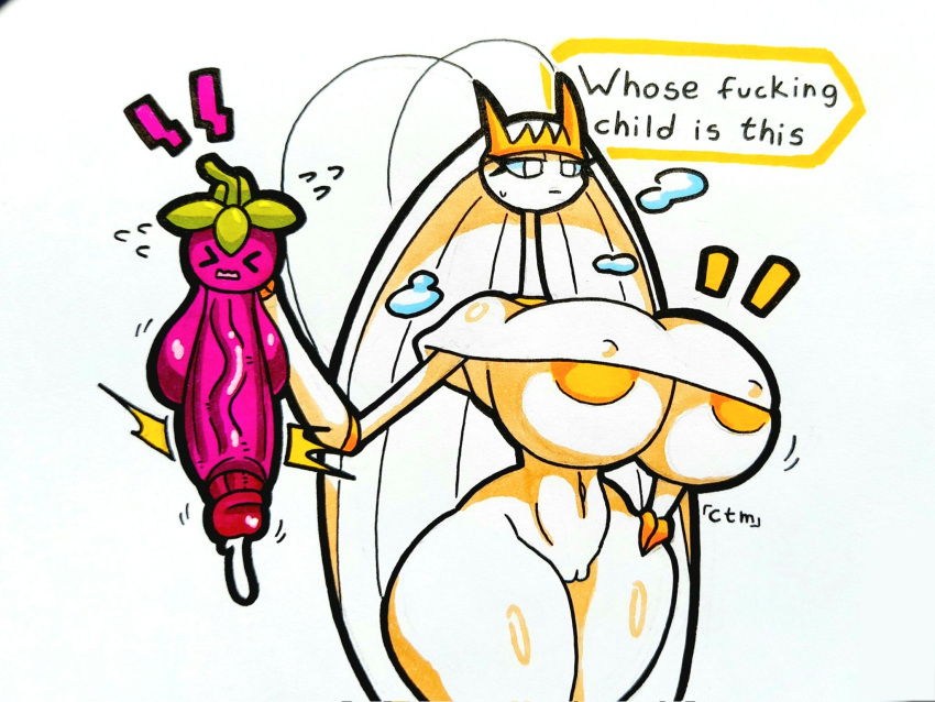 4:3 antennae_(anatomy) anthro areola areola_slip balls big_breasts big_penis bodily_fluids bottomless bounsweet breasts clothed clothing dialogue duo english_text eyelashes eyes_closed female generation_7_pokemon genital_fluids genitals hand_on_hip hi_res holding_another huge_breasts huge_penis long_neck male mr_ctm navel nintendo nipple_outline open_mouth penis pheromosa pink_body pokemon pokemon_(species) precum profanity pussy simple_background small_waist speech_bubble text thick_thighs topwear ultra_beast vein veiny_penis white_background white_body white_clothing white_eyes white_topwear wide_hips yellow_areola