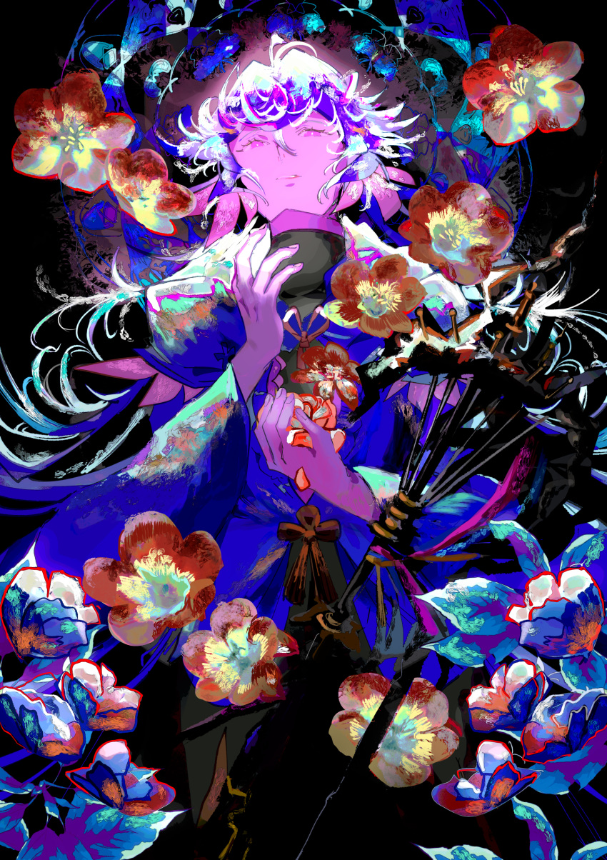 1boy absurdres fate/grand_order fate_(series) flower flower_knot hair_between_eyes highres hooded_robe long_hair long_sleeves looking_at_viewer male_focus merlin_(fate) minayukiinori petals purple_eyes robe solo staff very_long_hair white_hair white_robe