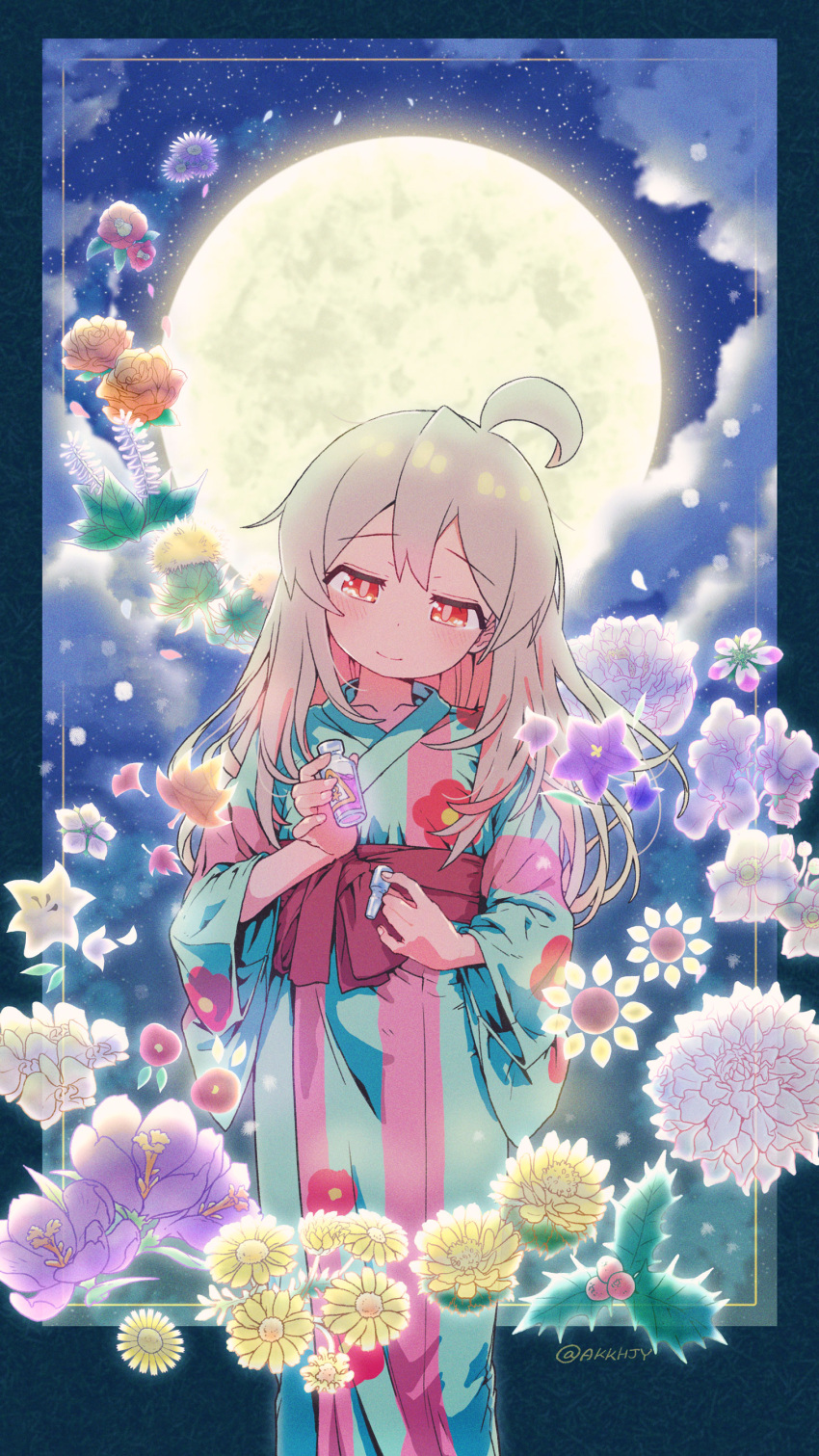 1girl absurdres ahoge artist_name blue_kimono blush bottle closed_mouth cloud cloudy_sky collarbone colored_inner_hair commentary_request dot_nose floral_print flower grey_hair hair_between_eyes half-closed_eyes hand_up highres holding holding_bottle japanese_clothes kimono leaf lips long_hair long_sleeves looking_at_object looking_down matado_(almukha) moon multicolored_hair night night_sky obi onii-chan_wa_oshimai! orange_flower oyama_mahiro pink_hair print_kimono purple_flower red_eyes red_flower red_sash sash sky smile solo standing star_(sky) twitter_username white_flower wide_sleeves yellow_flower