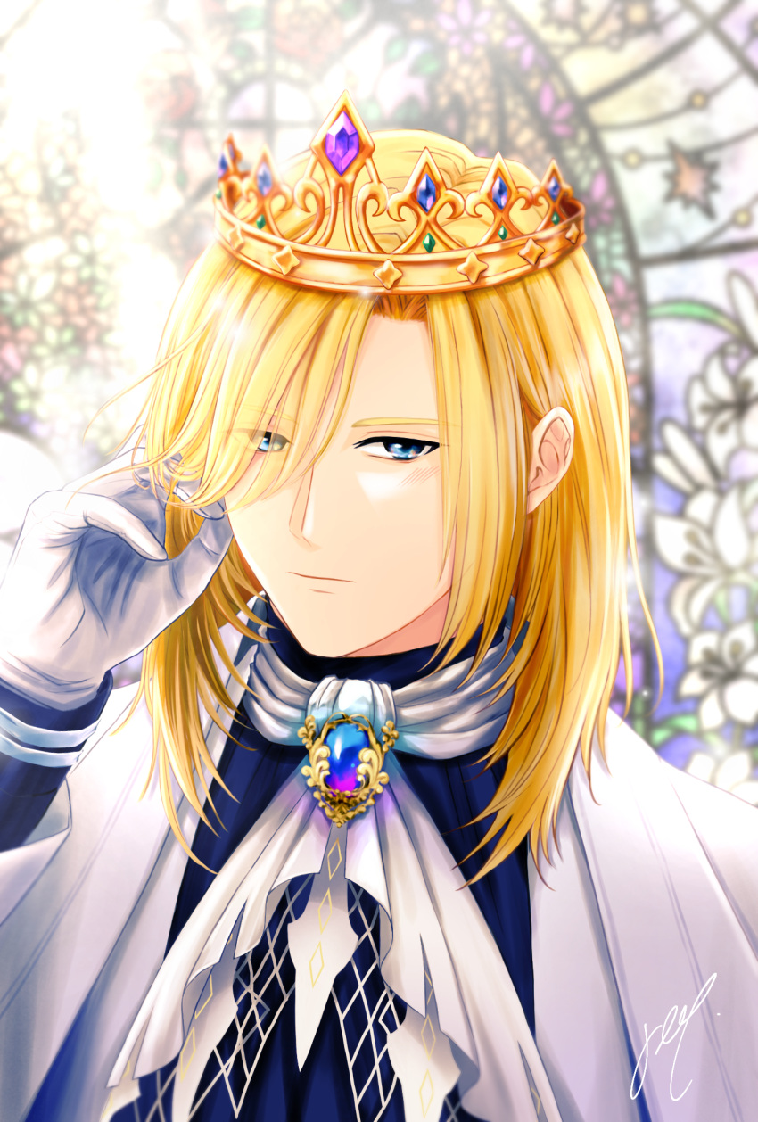 1boy ascot bishounen blonde_hair blue_brooch blue_eyes blue_gemstone blue_shirt cape closed_mouth crown expressionless followers_favorite_challenge gem gloves hair_between_eyes hand_in_own_hair highres long_bangs long_hair looking_at_viewer male_focus multiple_drawing_challenge nyhill_m._heine parted_bangs purple_gemstone ragnarok_online rii_(orkaki_r) shirt solo stained_glass upper_body white_ascot white_cape white_gloves