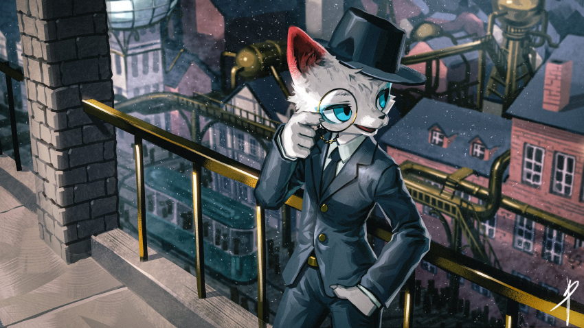 2022 absurd_res against_railing against_surface anthro black_necktie black_nose black_tie_(suit) blaedic blue_eyes building canid canine chimney city claws clothed clothing day detailed_background eyewear fox front_view fully_clothed fur grey_claws hand_in_pocket hat headgear headwear hi_res high-angle_view high_place looking_back magician_fox male male_anthro male_focus mammal monocle necktie open_mouth outside pockets public_transportation rail_transit railing silhouette solo_focus standing suit suit_jacket top_hat tram urban_rail_transit vehicle water_tower white_body white_fur