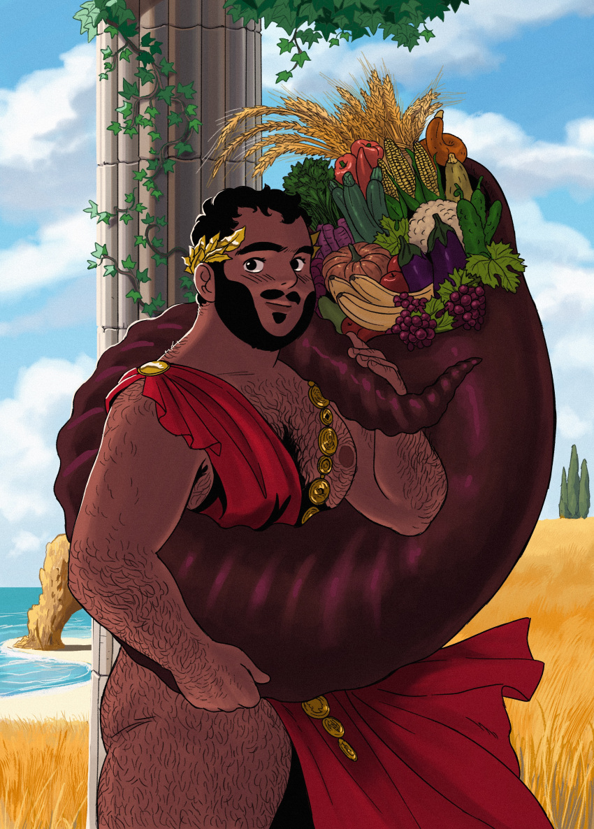 1boy absurdres ancient_greek_clothes armpit_hair armpit_hair_peek ass back_hair bara bare_pectorals beard carrying cowboy_shot dark-skinned_male dark_skin facial_hair food fruit full_beard giopota greco-roman_clothes hairy highres laurel_crown looking_at_viewer male_focus mature_male nipples original pectorals pencil_mustache short_hair smile solo standing tareme textless_version thick_arm_hair thick_chest_hair thick_eyebrows thick_leg_hair thick_thighs thighs very_dark_skin very_hairy