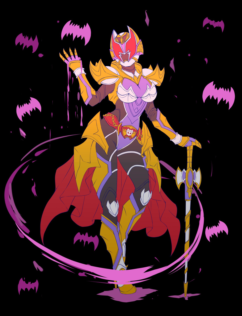 1girl absurdres alternate_costume alternate_form alternate_universe armor bat_(animal) belt black_background black_bodysuit blood bodysuit breastplate breasts contrapposto driver_(kamen_rider) gauntlets gloves gold_armor highres kamen_rider kamen_rider_dcd kamen_rider_kiva_(emperor_form) kamen_rider_kiva_(series) kamen_rider_kivala large_breasts mixed-language_commentary p.a.l.m pink_blood planted planted_sword red_eyes rider_belt sword tokusatsu vampire weapon