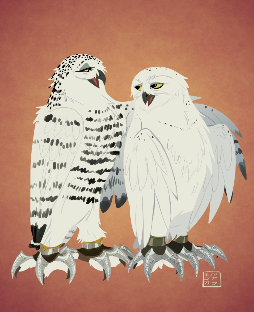 avian barran battle_claws bird boron_(gogh) duo feathers female feral guardians_of_ga'hoole hi_res horned_owl kabuki-aku male orange_background owl simple_background snowy_owl true_owl white_body white_feathers yellow_eyes