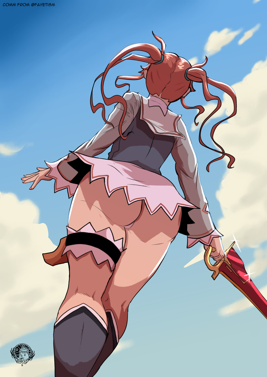 1girl absurdres artist_logo ass blue_sky boots commission earrings english_commentary from_behind from_below gauche_(tales) hair_ornament hair_rings highres holding holding_weapon jewelry no_panties red_hair red_nails short_hair signature skirt sky solo sword tales_of_(series) tales_of_vesperia theshini thigh_ring twintails upskirt weapon