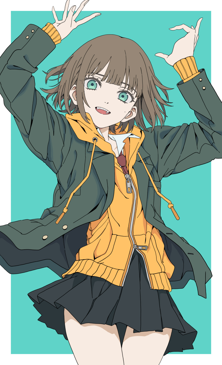 1girl :d aqua_background arms_up black_skirt blazer bob_cut brown_hair collarbone collared_shirt commentary_request cowboy_shot green_eyes green_jacket haku_geroda head_tilt highres hood hood_down hoodie inset_border jacket long_sleeves looking_at_viewer miniskirt mole mole_on_cheek necktie open_clothes open_collar open_jacket open_mouth original pleated_skirt red_necktie shirt short_hair simple_background skirt smile solo teeth thick_eyelashes thigh_gap thighs two-tone_background upper_teeth_only white_shirt yellow_hoodie zipper zipper_pull_tab