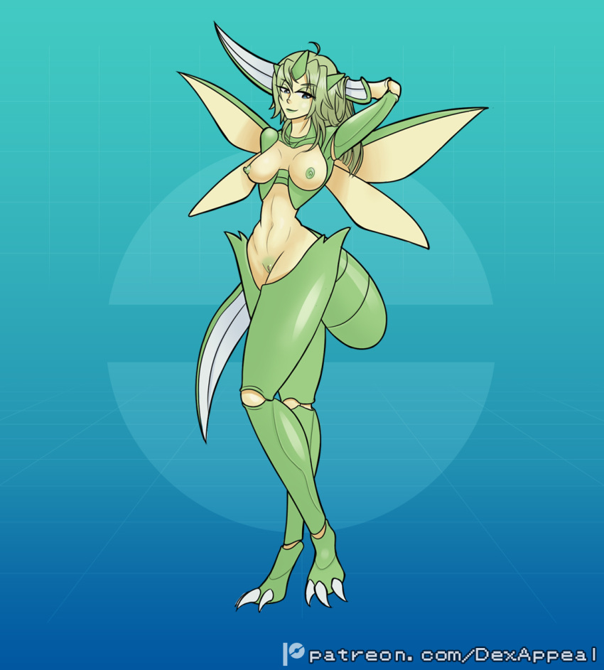 animal_humanoid arthropod arthropod_abdomen arthropod_humanoid breasts claws exoskeleton female generation_1_pokemon genitals green_body green_exoskeleton green_hair green_skin hair hi_res horn humanoid insect insect_humanoid insect_wings mantis monster_girl_(genre) nintendo nipples not_furry nude pokemon pokemon_(species) pussy scyther simple_background smile solo wings