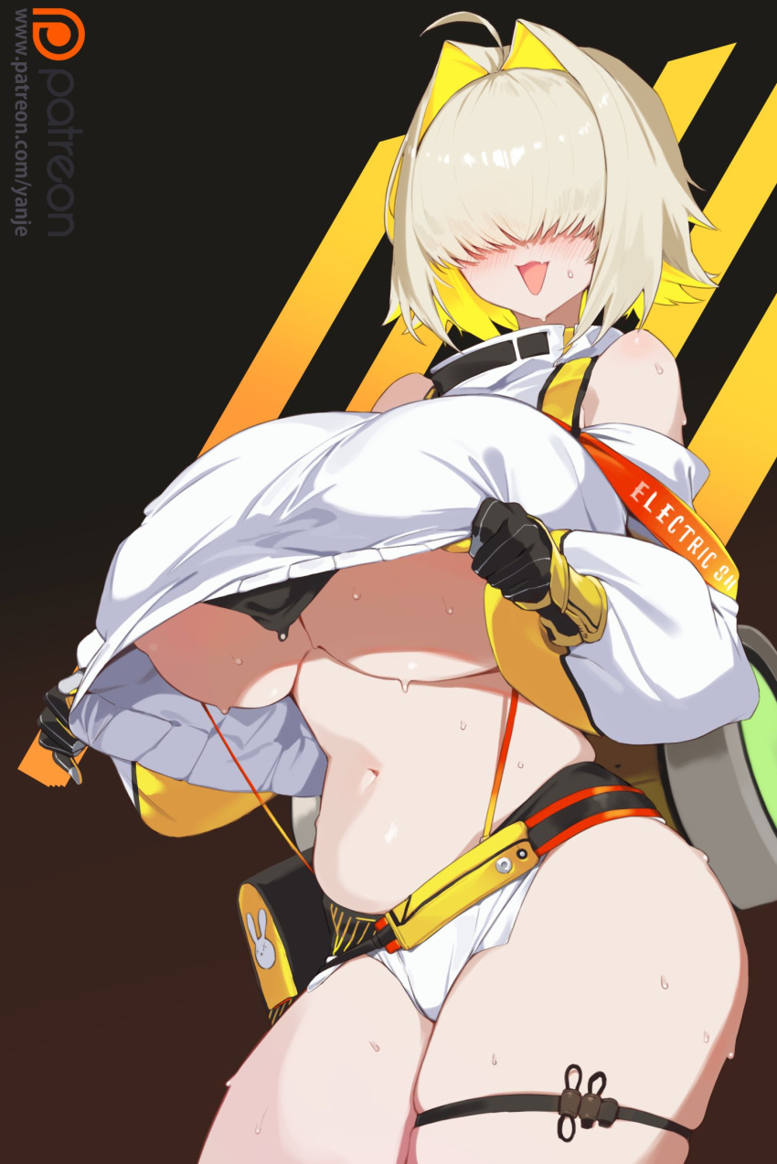 1girl arm_guards bag belt blonde_hair blush breasts clothing_cutout crop_top crop_top_overhang cropped_sweater elegg_(nikke) gloves goddess_of_victory:_nikke hair_intakes hair_over_eyes highres huge_breasts long_bangs long_sleeves micro_shorts midriff navel shorts shoulder_cutout smile solo sweat sweater thigh_strap thighs underboob white_shorts white_sweater yanje