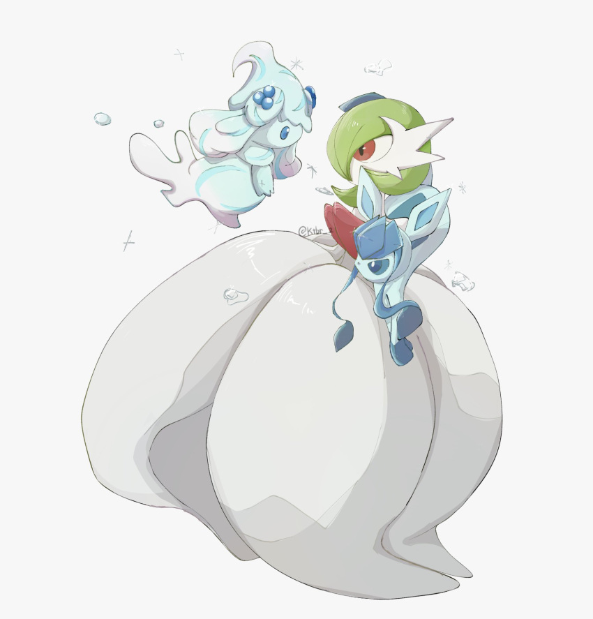 alcremie alcremie_(berry_sweet) artist_name blue_eyes bob_cut colored_skin dress gardevoir glaceon green_hair highres ktbr_2 mega_gardevoir mega_pokemon multicolored_fur pink_eyes pokemon pokemon_(creature) simple_background white_dress white_skin