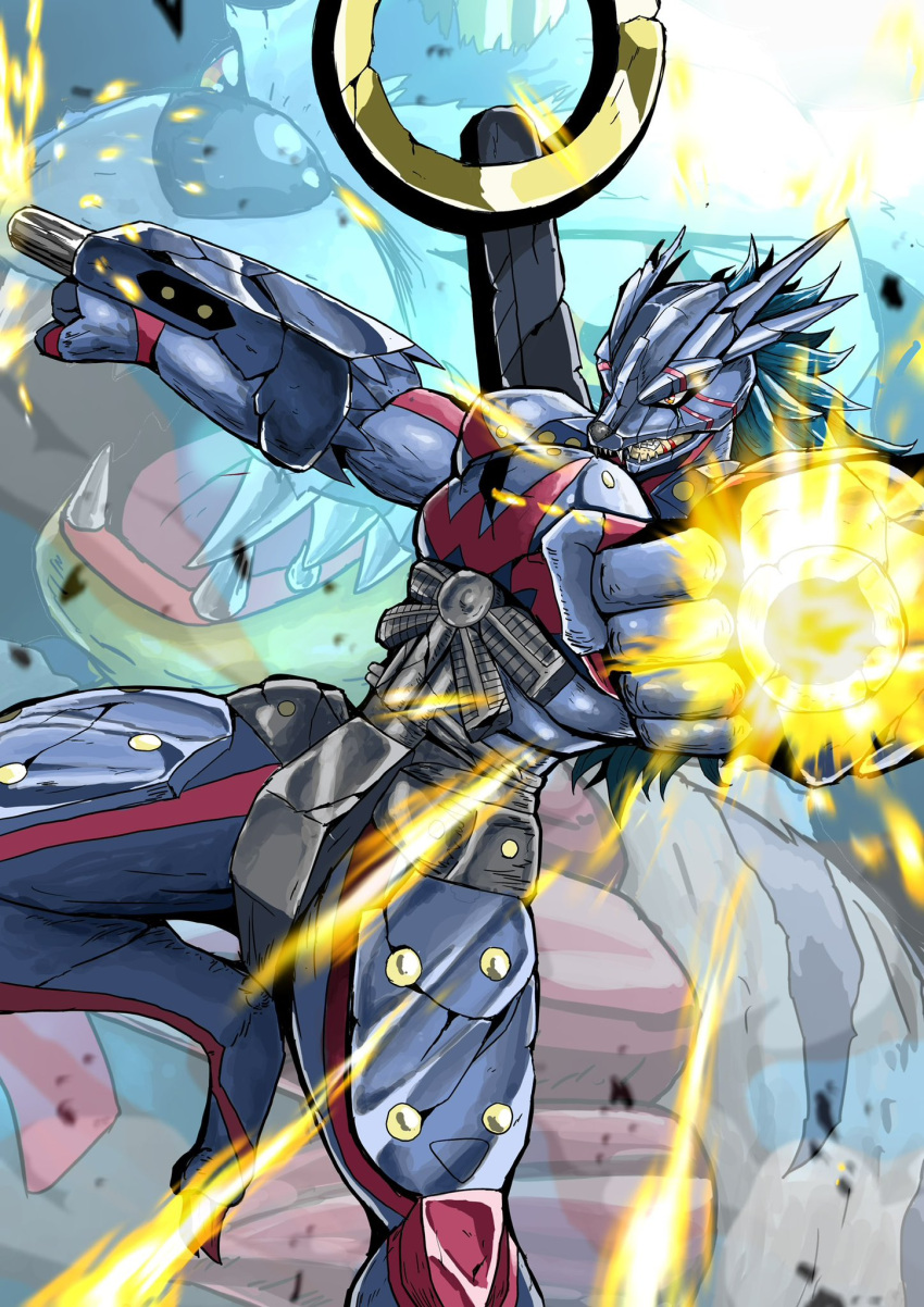 1boy arm_cannon armor battle_damage blue_armor blue_hair blue_helmet clenched_hands clenched_teeth crotch_plate digimon digimon_(creature) evolutionary_line firing gabumon gabumon_-yujo_no_kizuna- highres mechanical_wings outstretched_arms red_eyes sawa_d teeth weapon wings zoom_layer