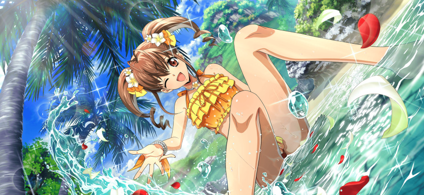 1girl akagi_benio antenna_hair arm_support artist_request bare_shoulders barefoot bead_bracelet bead_necklace beads bikini blue_sky blush bracelet breasts brown_eyes brown_hair cloud code_geass code_geass:_lost_stories collarbone day drill_hair dutch_angle flower frilled_bikini frills game_cg grass hair_between_eyes hair_flower hair_ornament hand_up happy highres jewelry knees_up legs lens_flare light_blush light_rays looking_at_viewer medium_hair necklace non-web_source official_art one_eye_closed open_mouth orange_bikini outdoors palm_tree petals petals_on_liquid polka_dot polka_dot_bikini raised_eyebrows shiny_skin sidelocks sitting sky small_breasts smile solo sparkle splashing spread_fingers sunlight swimsuit thighs tree twin_drills twintails water wet white_flower