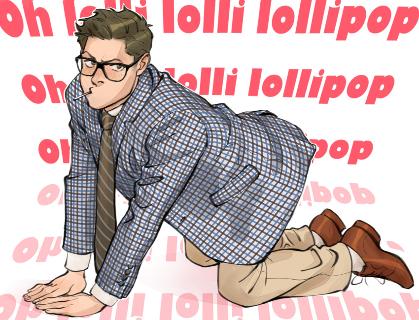 1boy all_fours brown_hair candy dean_winchester english_text fluffsnake food freckles full_body glasses green_eyes highres lollipop looking_at_viewer male_focus mature_male mouth_hold short_hair simple_background solo suit supernatural_(tv_series) white_background