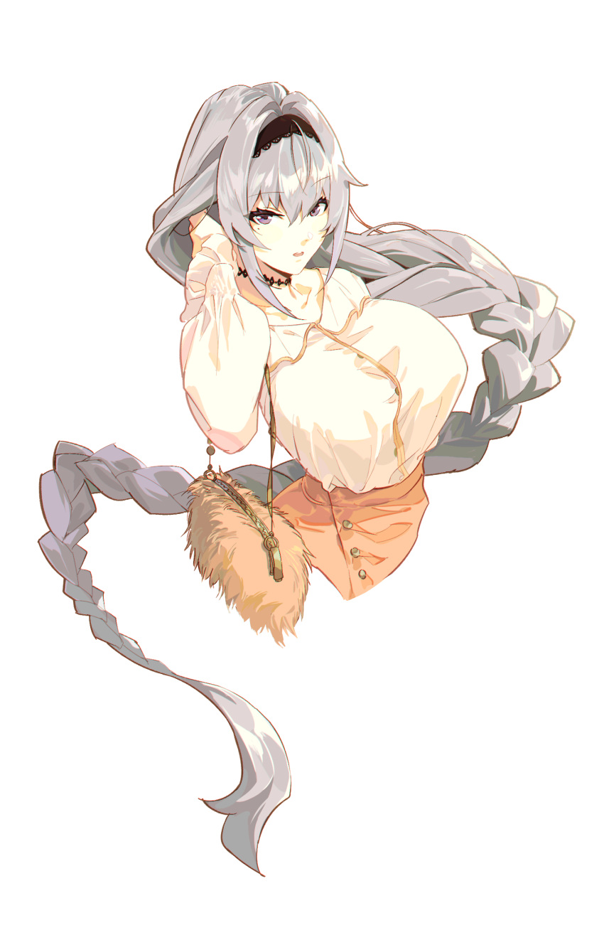 1girl adjusting_hair ahoge alternate_costume bag bianca_(punishing:_gray_raven) black_choker black_hairband braid breasts chinese_commentary choker chun_plus collarbone commentary_request cropped_torso frilled_hairband frills fur_bag grey_hair hair_between_eyes hair_intakes hairband hand_up handbag highres large_breasts long_braid long_hair looking_at_viewer mole mole_under_eye orange_bag orange_skirt punishing:_gray_raven purple_eyes shirt simple_background skirt solo upper_body very_long_hair white_background white_shirt