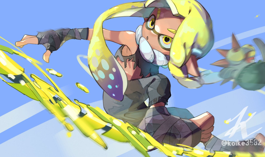 1girl :o agent_3_(splatoon_3) asymmetrical_hair bandaged_arm bandaged_foot bandages black_bandages black_pants black_shirt blonde_hair braid dark-skinned_female dark_skin earpiece eyebrow_cut gradient_hair highres inkling inkling_girl inkling_player_character koike3582 long_hair multicolored_hair on_railing open_mouth pants pointy_ears purple_hair railing salmonid shirt sleeveless sleeveless_shirt smallfry_(splatoon) solo splatoon_(series) splatoon_3 sweatpants tentacle_hair torn_clothes torn_shirt twitter_username two-tone_hair yellow_eyes