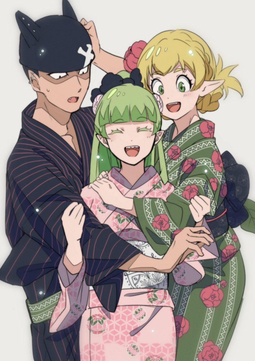 +_+ 1boy 2girls :d black_hat black_kimono blonde_hair blunt_bangs cat_ear_helmet character_request closed_eyes curled_horns ear_piercing fangs floral_print flower green_eyes green_kimono hair_flower hair_ornament hand_on_own_head highres horns hug japanese_clothes kimono long_hair mado_cat02 mairimashita!_iruma-kun marbas_f._yabashi multiple_girls obi piercing pink_kimono pointy_ears sash sharp_teeth smile striped_clothes striped_kimono teeth valac_clara