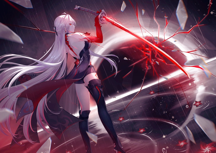 1girl acheron_(honkai:_star_rail) asymmetrical_footwear back black_choker black_coat black_hole black_shorts body_markings boots celtreny choker coat coattails crack cracked_glass glass_shards highres holding holding_sword holding_weapon honkai:_star_rail honkai_(series) long_hair midriff red_eyes short_shorts shorts single_bare_shoulder solo standing sword thigh_boots weapon white_hair