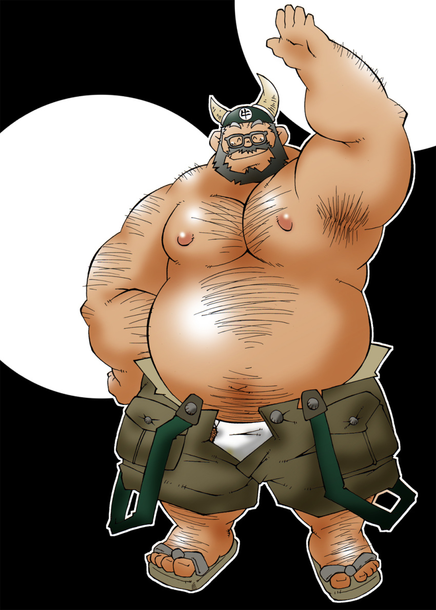 1boy armpit_hair armpits artist_request bara beard big_belly black_hair cargo_shorts connected_beard dragon_ball dragon_ball_(classic) facial_hair fake_horns fat fat_man foot_hair full_beard glasses gyuu_mao hairy highres horned_headwear horns large_pectorals male_focus male_underwear male_underwear_peek mature_male navel navel_hair nipples open_clothes open_shorts pectorals short_hair shorts solo sparse_chest_hair standing stomach thick_arm_hair thick_arms thick_beard thick_leg_hair thick_navel_hair topless_male underwear waving white_male_underwear