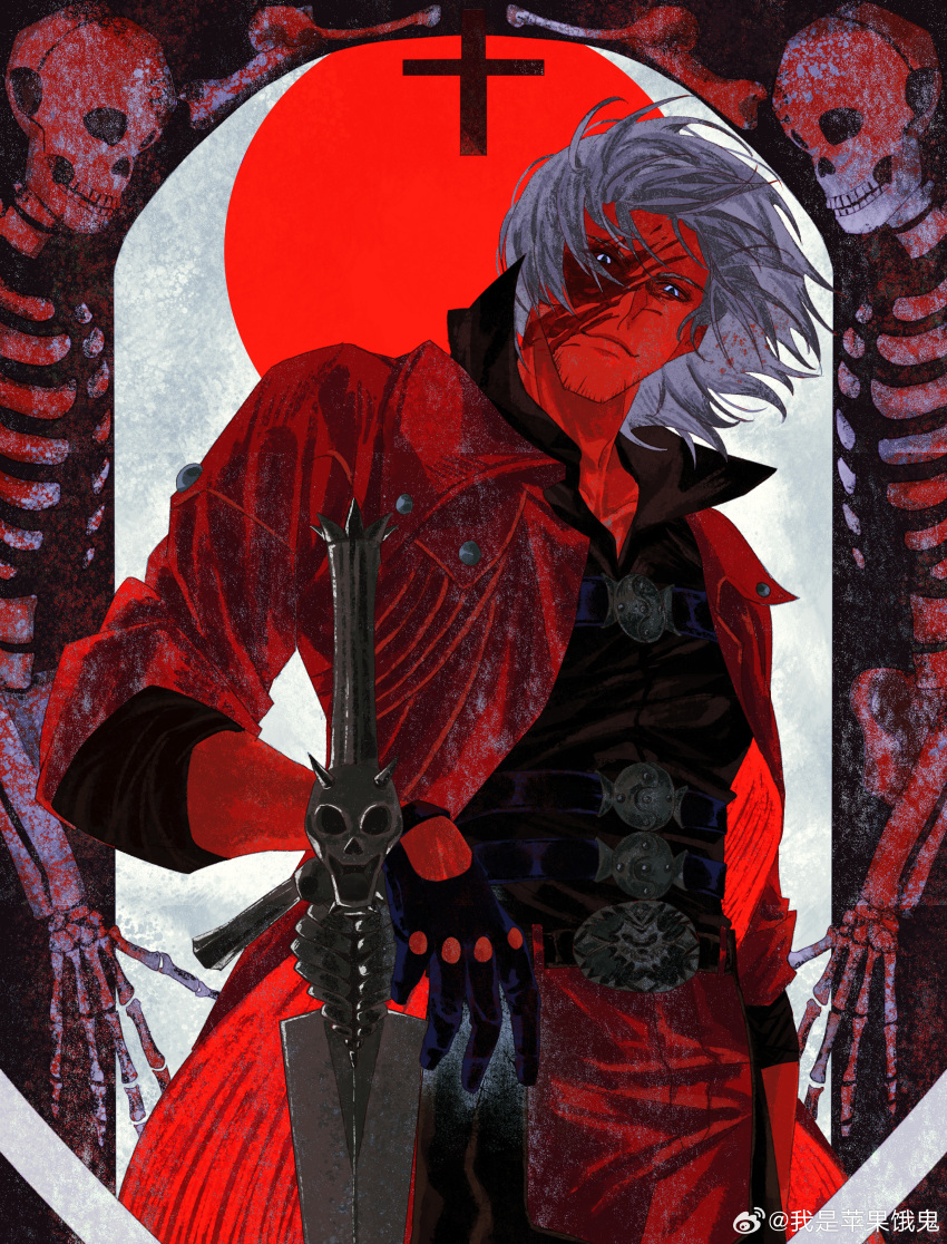 1boy absurdres black_gloves blood blood_on_face blue_eyes closed_mouth coat cowboy_shot cross dante_(devil_may_cry) devil_may_cry_(series) devil_may_cry_4 facial_hair fingerless_gloves gloves glowing glowing_eyes highres holding holding_weapon limited_palette long_hair looking_at_viewer male_focus monochrome rebellion_(sword) red_background red_coat red_theme skeleton smile solo spot_color sword upper_body weapon white_hair wo_shi_ping_guo_e_gui