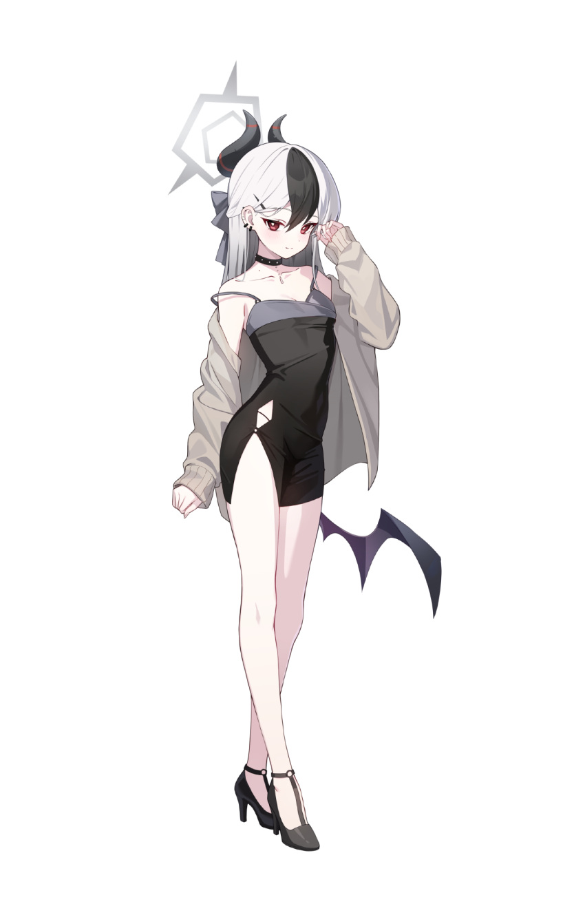 1girl bare_legs black_dress black_footwear black_hair black_horns blue_archive bow bright_pupils cardigan clenched_hand closed_mouth collarbone crossed_legs demon_horns demon_wings dot_nose dress ear_piercing full_body gradient_hair grey_bow grey_cardigan grey_halo hair_between_eyes hair_bow halo hand_up high_heels highres hip_vent horns kayoko_(blue_archive) long_hair mole mole_on_neck multicolored_hair open_cardigan open_clothes piercing pine_(angel4195202) red_eyes short_dress side_slit simple_background single_off_shoulder single_wing smile spaghetti_strap standing streaked_hair tsurime white_background white_hair white_pupils wings