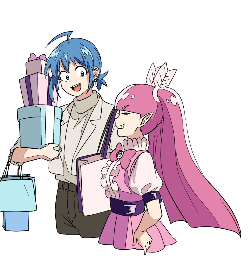 1boy 1girl :d ahoge bag barbatos_bachiko black_pants bow box closed_eyes dress earrings gift gift_box hair_ornament highres holding holding_gift jewelry long_hair mado_cat02 mairimashita!_iruma-kun pants pink_bow pink_dress pink_hair pointy_ears shirt shopping shopping_bag simple_background smile standing suzuki_iruma white_background white_shirt