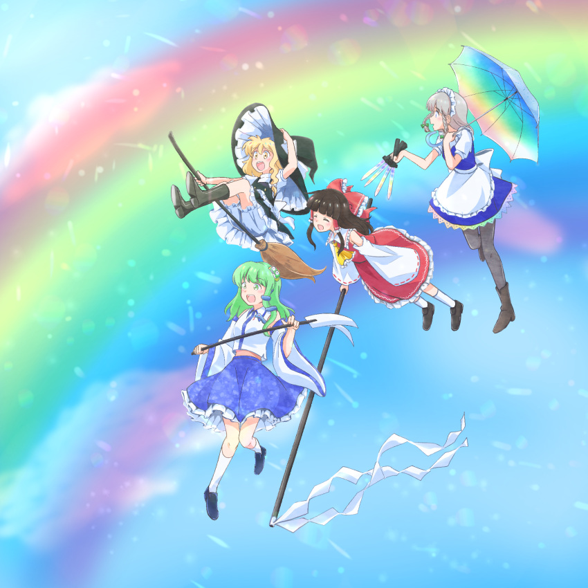 4girls apron ascot black_footwear black_hair black_vest blonde_hair bloomers blush boots bow braid broom broom_riding commentary_request detached_sleeves floating frilled_bow frilled_hair_tubes frills frog_hair_ornament gohei green_eyes green_hair grey_hair hair_bow hair_ornament hair_tubes hakurei_reimu hat hat_bow highres holding holding_gohei holding_knife holding_umbrella izayoi_sakuya kirisame_marisa knife kochiya_sanae long_hair maid maid_apron maid_headdress multiple_girls open_mouth rainbow rainbow_gradient red_bow red_skirt ribbon-trimmed_sleeves ribbon_trim short_sleeves skirt skirt_set smile snake_hair_ornament touhou twin_braids umbrella unconnected_marketeers vest waist_apron white_bloomers witch_hat yakousei_no_kame yellow_ascot yellow_eyes