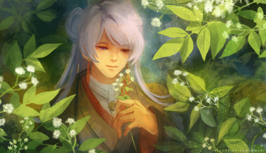 1boy artist_name black_sleeves brown_eyes closed_mouth commentary double_bun english_commentary english_text fingernails flower genzuki_toujirou hair_bun half-closed_eyes highres japanese_clothes kanlamari kimono leaf lips long_hair long_sleeves looking_at_flowers male_focus nijisanji red_sleeves shirt smile solo straight_hair sweater turtleneck turtleneck_sweater two-sided_sleeves upper_body virtual_youtuber watermark white_flower white_hair white_shirt wide_sleeves yellow_kimono