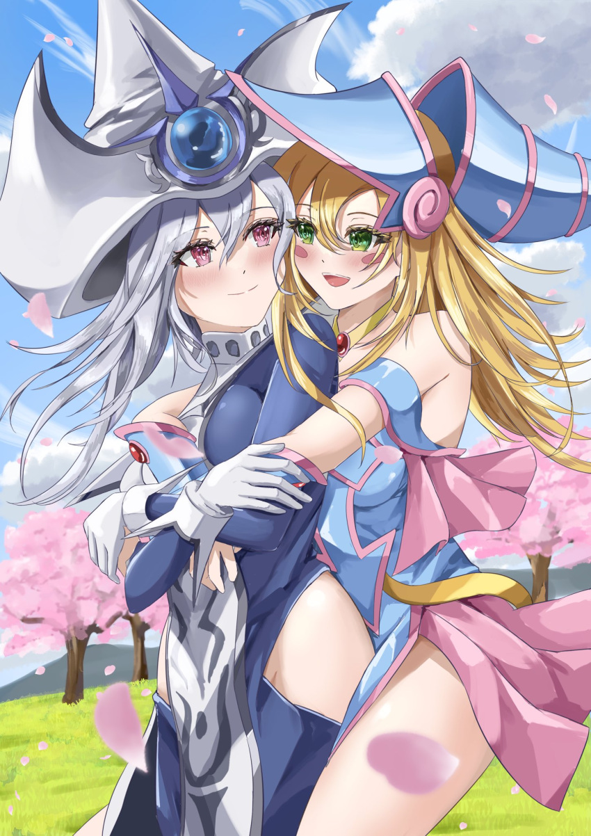 2girls bare_shoulders blonde_hair blue_dress blue_hat blue_robe blush blush_stickers breasts capelet cherry_blossoms dark_magician_girl dress duel_monster gloves grass green_eyes grey_hair hat highres hip_vent hug hug_from_behind large_breasts long_hair looking_at_another medium_breasts misakura_aoi multiple_girls nature outdoors petals pink_capelet red_eyes req robe silent_magician tree white_gloves white_hat witch_hat yu-gi-oh! yuri