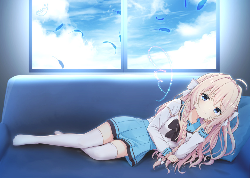 1girl absurdres ahoge backlighting black_bow black_bowtie blonde_hair blue_eyes blue_sailor_collar blue_skirt blue_sky bow bowtie braid closed_mouth collarbone couch crown_braid drawn_wings falling_feathers feathers hair_bow hair_intakes head_on_pillow highres long_braid long_hair looking_at_viewer lying miniskirt mole mole_under_each_eye mole_under_eye multiple_moles no_shoes on_couch on_side pleated_skirt re:stage! sailor_collar school_uniform serafuku shiratori_amaha_(re:stage!) shirt sidelocks signature single_braid skirt sky smile solo thighhighs white_bow white_shirt white_thighhighs window yutuki_ame zettai_ryouiki