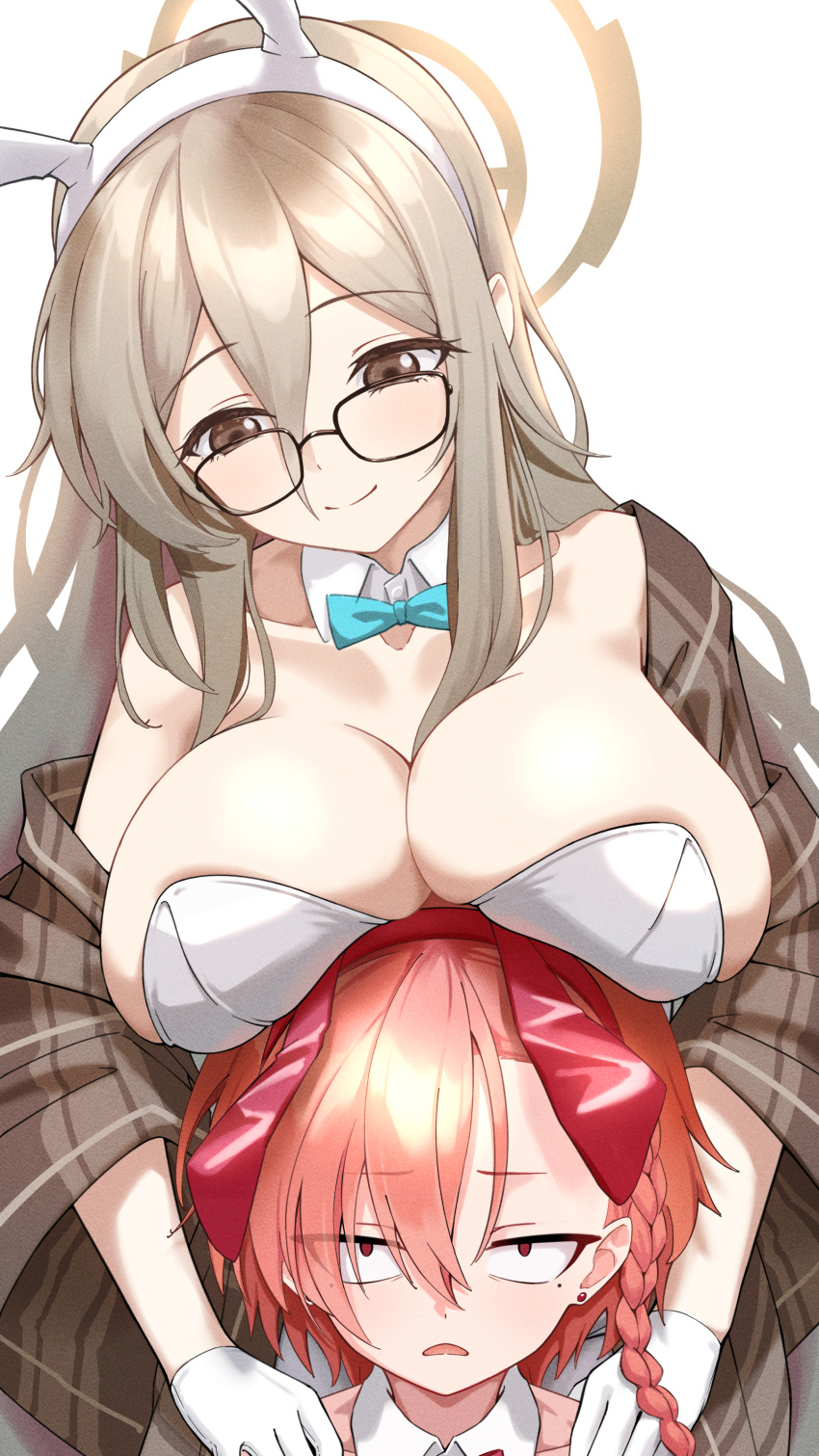 2girls absurdres akane_(blue_archive) akane_(bunny)_(blue_archive) animal_ears black-framed_eyewear blue_archive breast_rest breasts breasts_on_head brown_eyes brown_hair brown_halo cleavage collar detached_collar fake_animal_ears glasses gloves hands_on_another's_shoulders highres large_breasts leotard looking_at_viewer multiple_girls neru_(blue_archive) neru_(bunny)_(blue_archive) official_alternate_costume open_mouth red_eyes red_hair sayu_mypace smile white_background white_collar white_gloves white_leotard