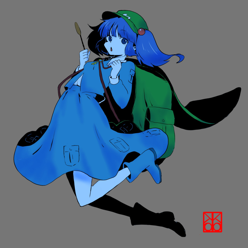 1girl blue_eyes blue_footwear blue_hair boots cattail full_body green_bag green_hat grey_background highres holding holding_plant kawashiro_nitori looking_at_viewer one-hour_drawing_challenge plant pocket shishi_(kuroear99) solo touhou two_side_up