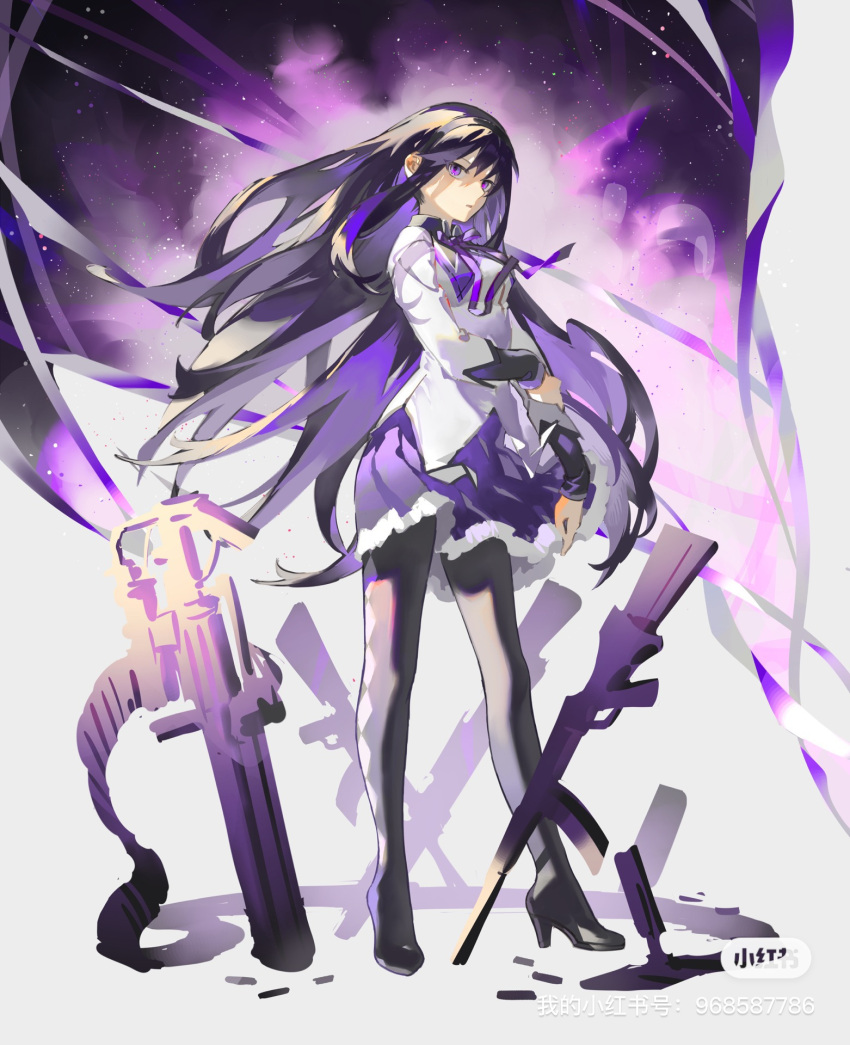 1girl akemi_homura argyle_clothes argyle_legwear black_footwear black_hair boots capelet floating_hair frilled_skirt frills from_side full_body gun hand_on_own_arm high_heel_boots high_heels highres jacket labroiy long_hair long_sleeves looking_at_viewer magical_girl mahou_shoujo_madoka_magica mahou_shoujo_madoka_magica_(anime) neck_ribbon parted_lips purple_background purple_capelet purple_eyes purple_ribbon purple_skirt ribbon serious skirt solo standing thigh_boots watermark weapon white_background white_jacket