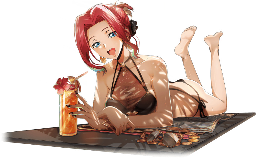 1girl artist_request bare_shoulders barefoot bikini black_bikini black_nails blue_eyes blush breasts butt_crack cherry cleavage code_geass code_geass:_lost_stories collarbone crossed_wrists cup drink drinking_glass drinking_straw earrings feet feet_up flower food forehead fruit full_body game_cg green_hair hair_intakes half-closed_eyes happy head_tilt hibiscus highres ice ice_cube jewelry kouzuki_kallen light_blush looking_at_viewer lying medium_breasts multi-strapped_bikini_bottom multicolored_hair nail_polish necklace non-web_source official_art on_stomach open_mouth orange_(fruit) orange_slice red_flower see-through_bikini short_hair sidelocks simple_background smile soles solo streaked_hair sunglasses sweat swimsuit teeth toes transparent_background two-tone_hair unworn_eyewear unworn_jewelry unworn_necklace updo yellow-framed_eyewear