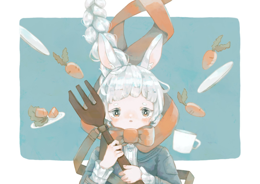 1girl animal_ear_fluff animal_ears aqua_background border braid carrot chomi_(xchomio) cup english_commentary floating_hair fork grey_jacket highres holding holding_fork jacket long_hair long_sleeves looking_at_viewer neck_ribbon orange_ribbon original outside_border oversized_object parted_lips rabbit_ears rabbit_girl ribbon saucer solo straight-on teacup upper_body white_border white_hair