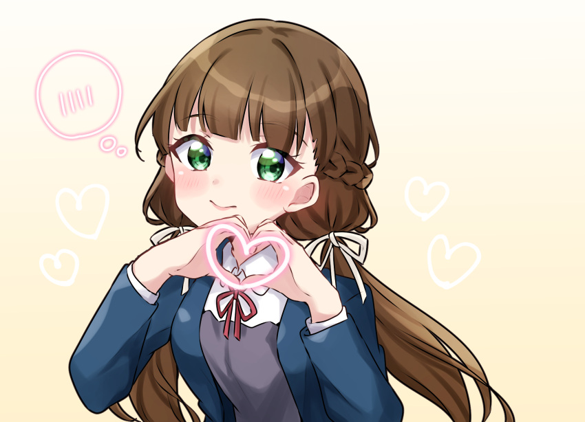 1girl brown_hair commentary gradient_background green_eyes hakumai_konatsu heart heart_hands highres long_hair looking_at_viewer love_live! love_live!_superstar!! low_twintails sakurakoji_kinako school_uniform solo thought_bubble twintails upper_body yellow_background yuigaoka_school_uniform