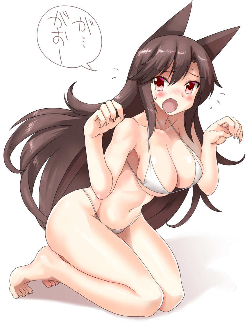 1girl animal_ears barefoot bikini blush breasts brown_hair claw_pose cleavage collarbone fang full_body hair_between_eyes highres imaizumi_kagerou long_hair midriff mono_(moiky) open_mouth red_eyes simple_background solo speech_bubble sweat swimsuit touhou white_background white_bikini wolf_ears wolf_girl